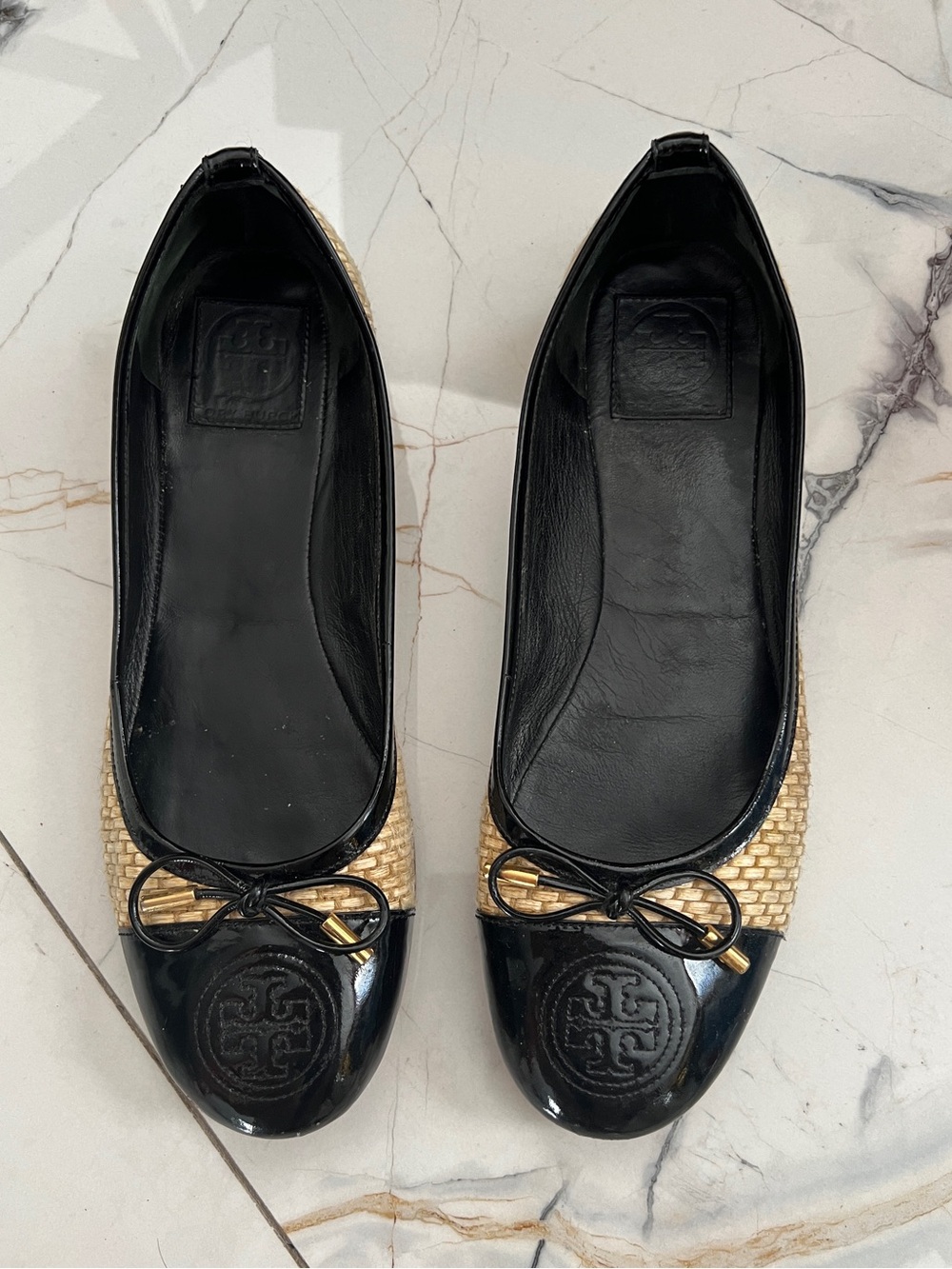 Tory Burch Black Patent & Natural Woven Cap-Toe Ballet Flats with Logo Bow
